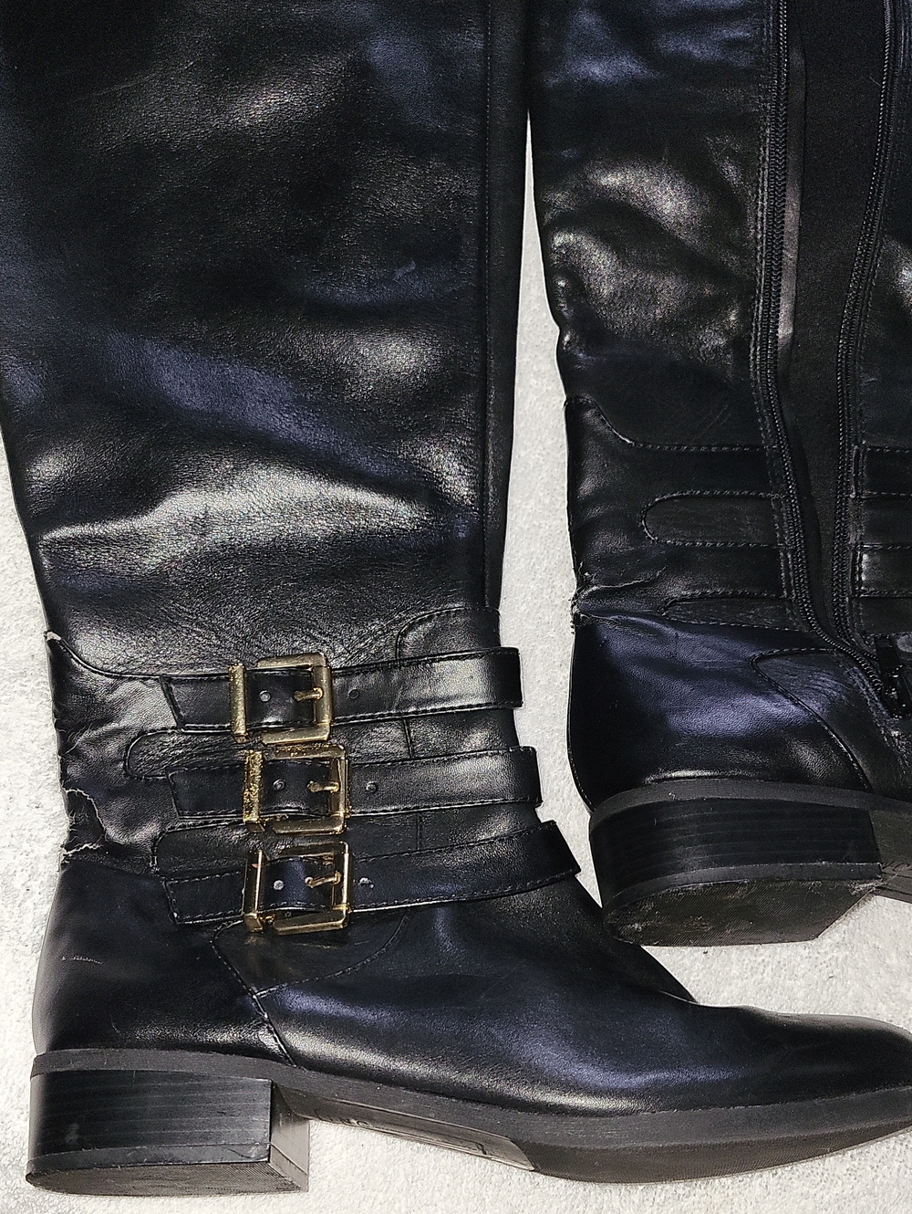 INC International Concepts Black Leather Knee-High Buckle Heeled Boots